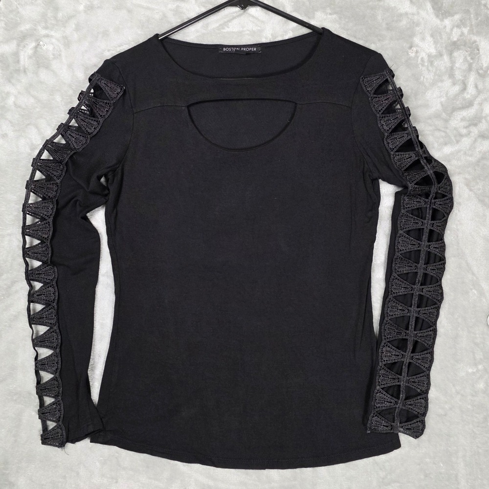 Boston Proper Top Womens Size S Black Fairy Lace Cutout Sleeve Gothic Vampire